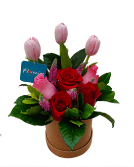 Box de 5 rosas y 3 tulipanes