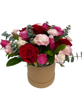 Box de 5 rosas, claveles, mini rosas y silver dollar