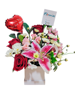 Box de lilium, 3 rosas, mini margaritas, mini rosas y globo pequeño