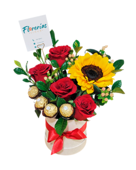 Box de 4 rosas, un griasol, hipérico y 4 bombones ferrero rocher
