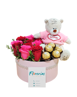 Box de rosas, 5 bombones ferrero rocher y un peluche de oso