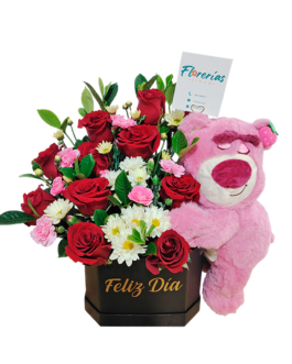 Box de 10 rosas, claveles, margaritas y peluche Lotso
