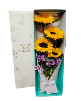 Caja de 4 girasoles y astromelias