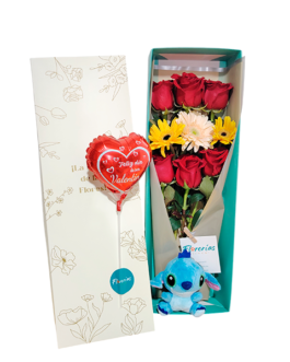 Ramo de 6 rosas, 3 gerberas, un llavero de Stitch y un globo pequeño