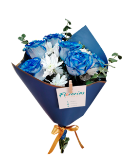 Ramo de 6 rosas azules, margaritas y silver dollar