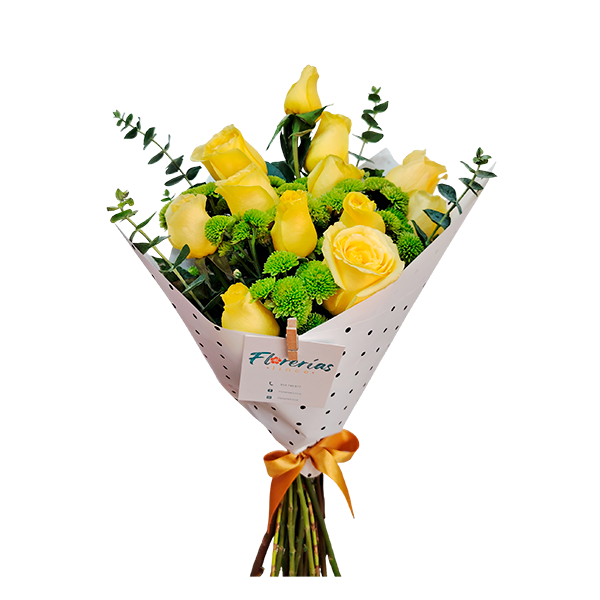 Ramo de 12 rosas, crisantemo y silver dollar