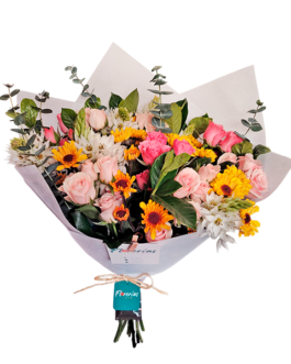 Ramo de mini rosas, mini girasoles, silver dollar y estrella de belén