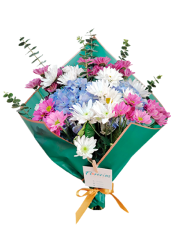 Ramo de una hortensia, margaritas y silver dollar